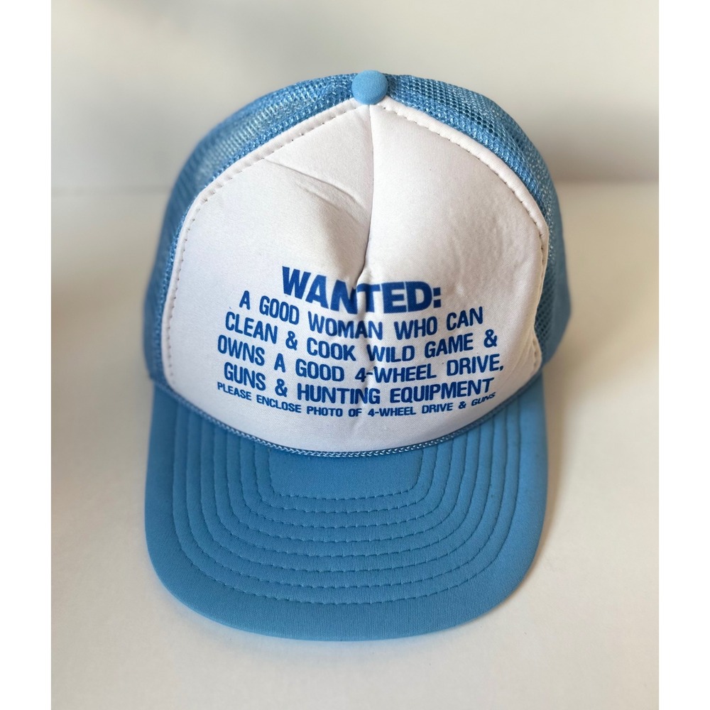 Vintage Nissin Wanted Good Woman Joke Hunting Trucker Hat Blue Mesh Snapback Cap